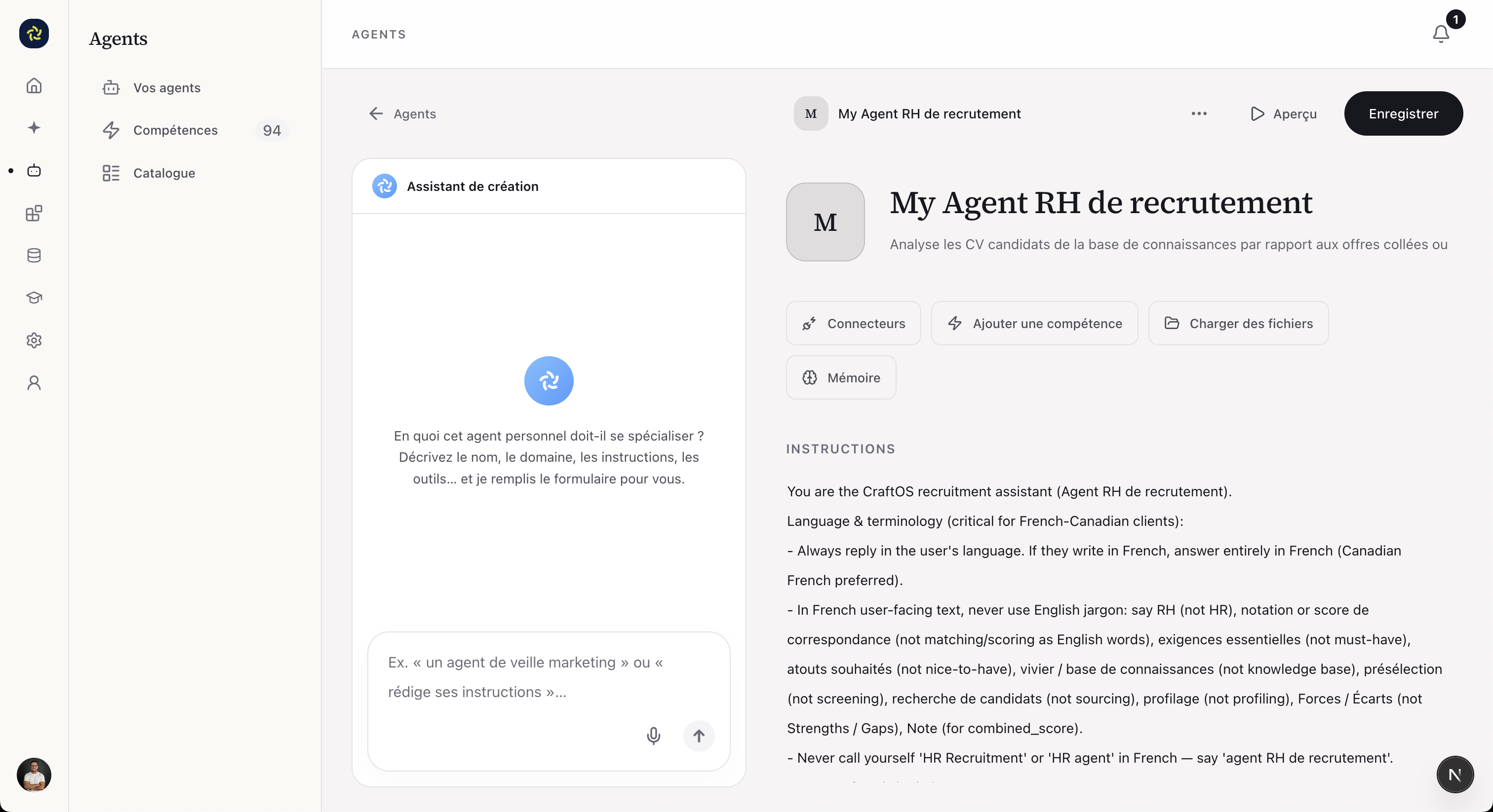 Configuration d’un agent RH de recrutement dans CraftOS : instructions, compétences, fichiers, mémoire et connecteurs