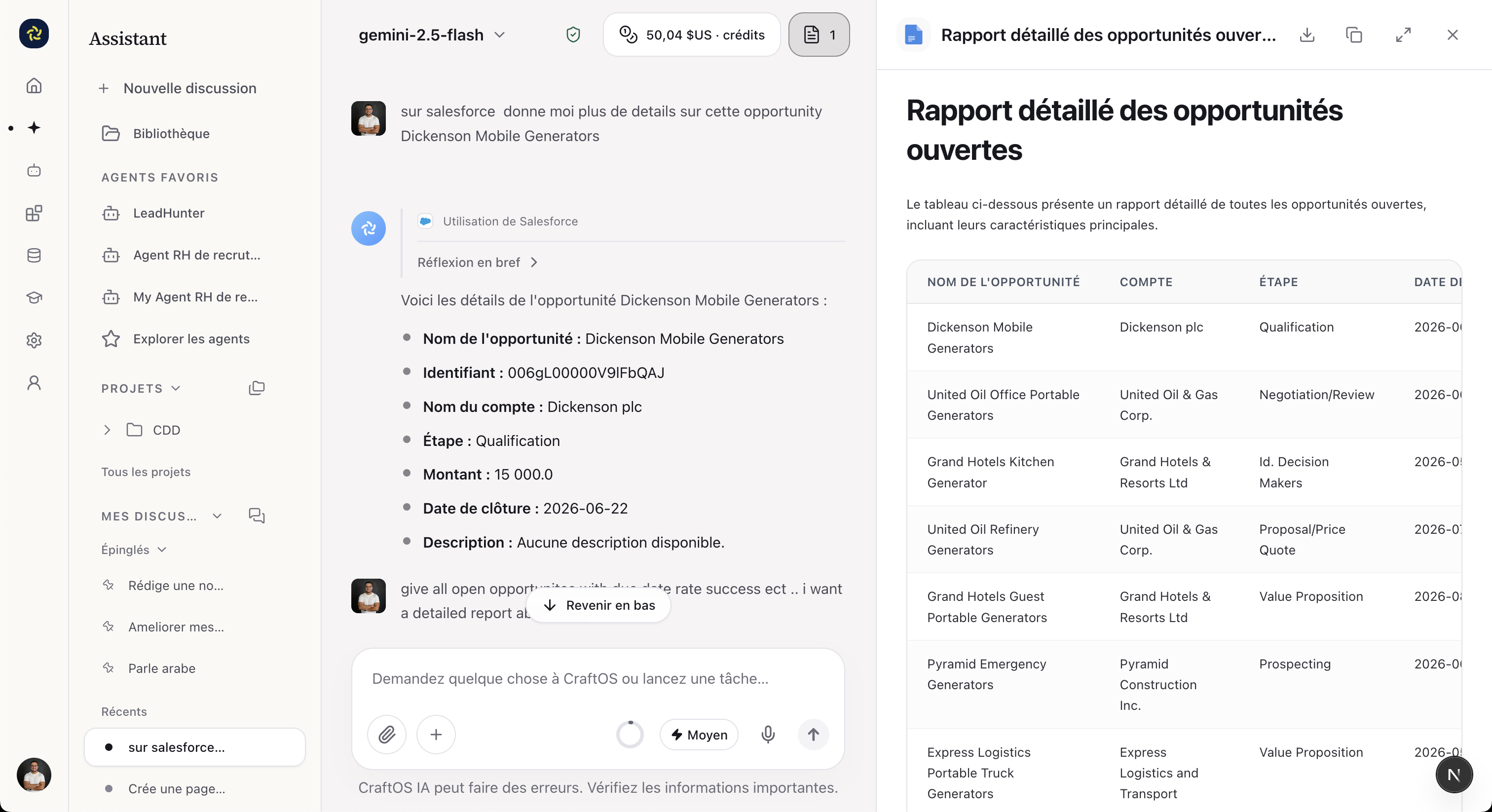 CraftOS utilise le connecteur Salesforce pour consulter une opportunité CRM et produire un rapport commercial
