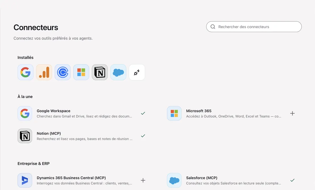CraftOS · connecteurs : Google Workspace, Microsoft 365, Notion, Dynamics 365 Business Central et Salesforce reliés aux agents via MCP