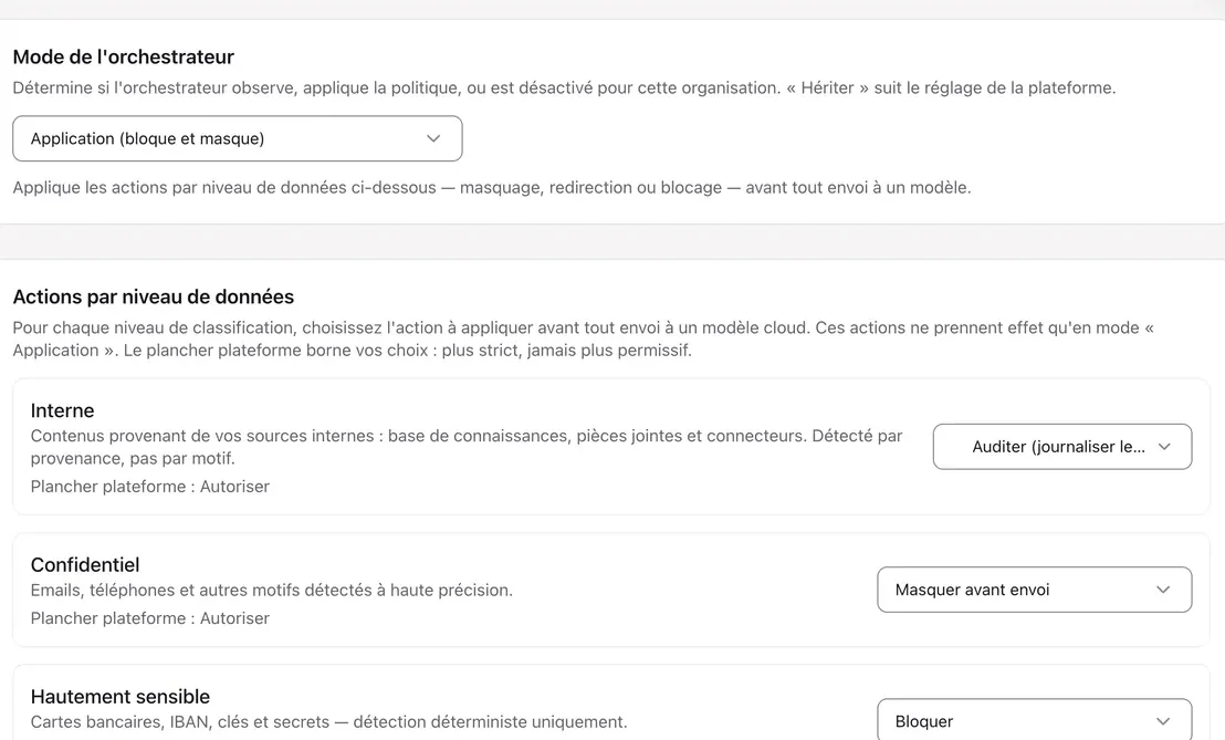 CraftOS · politique de données : actions par niveau de classification (interne, confidentiel, hautement sensible)
