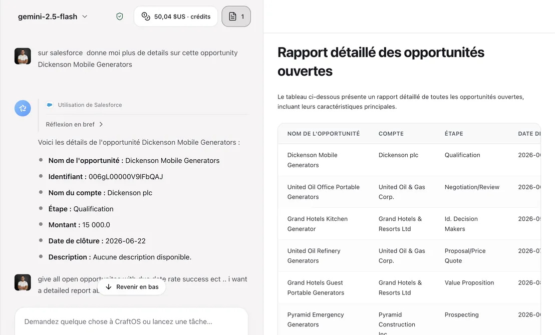 CraftOS · assistant IA : requête sur une opportunité Salesforce et rapport détaillé des opportunités ouvertes