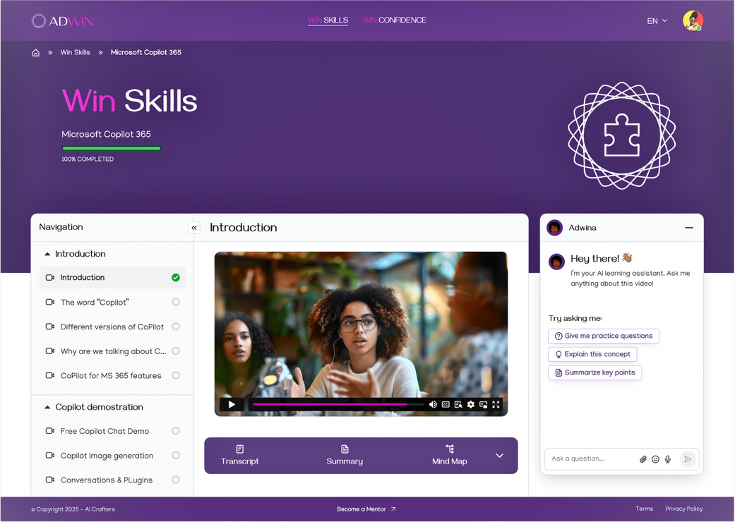 Espace apprenant AICademy : cours vidéo, navigation et tuteur IA